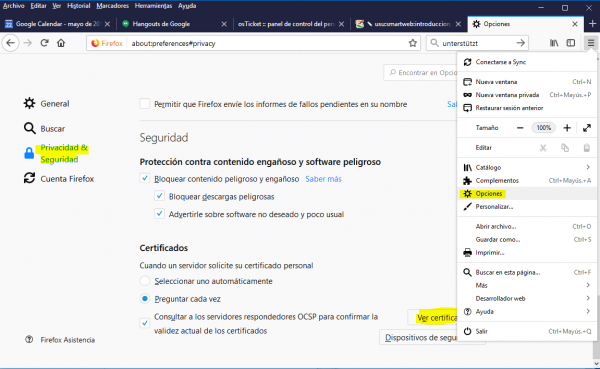 Opciones certificados Firefox