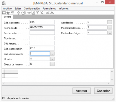 Parámetros calendario mensual Parámetros calendario mensual